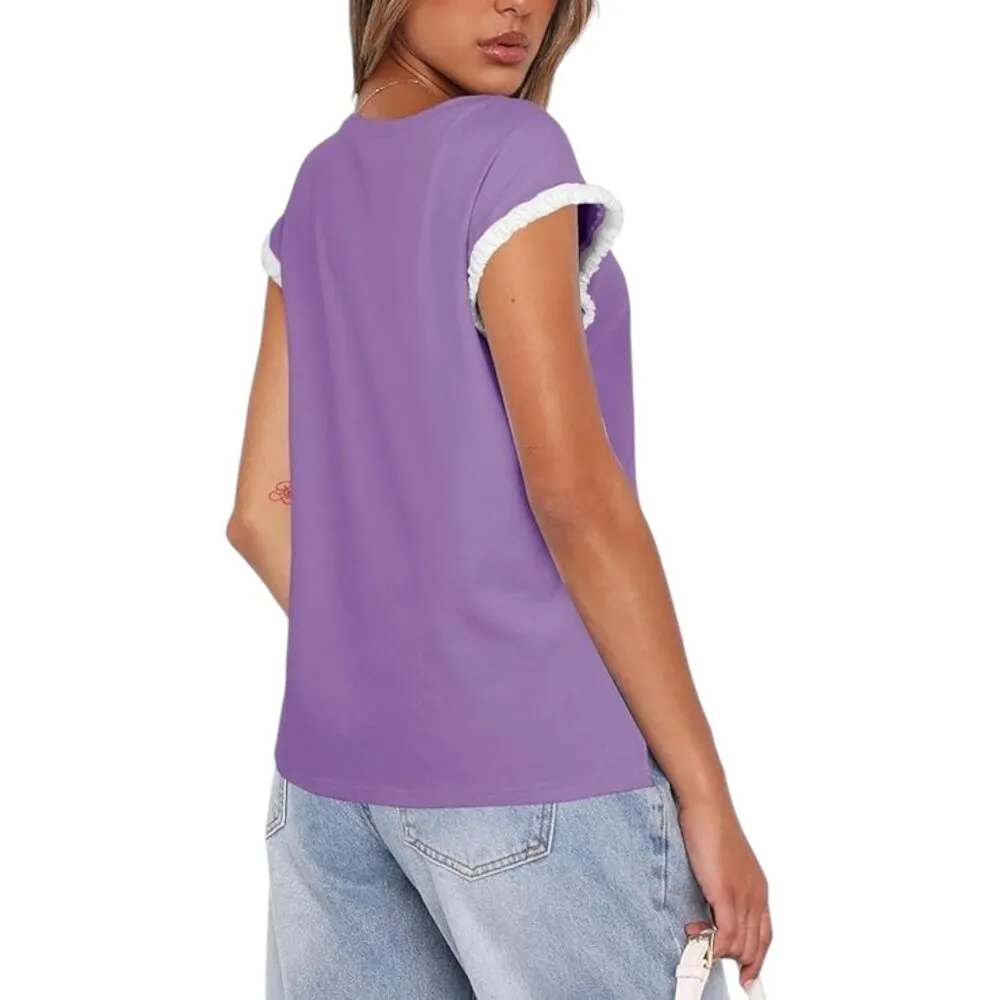 Casual Ruffle Cap Sleeve Crew Neck Tops Blouse Purple Size XL NWT #0465 - Image 2