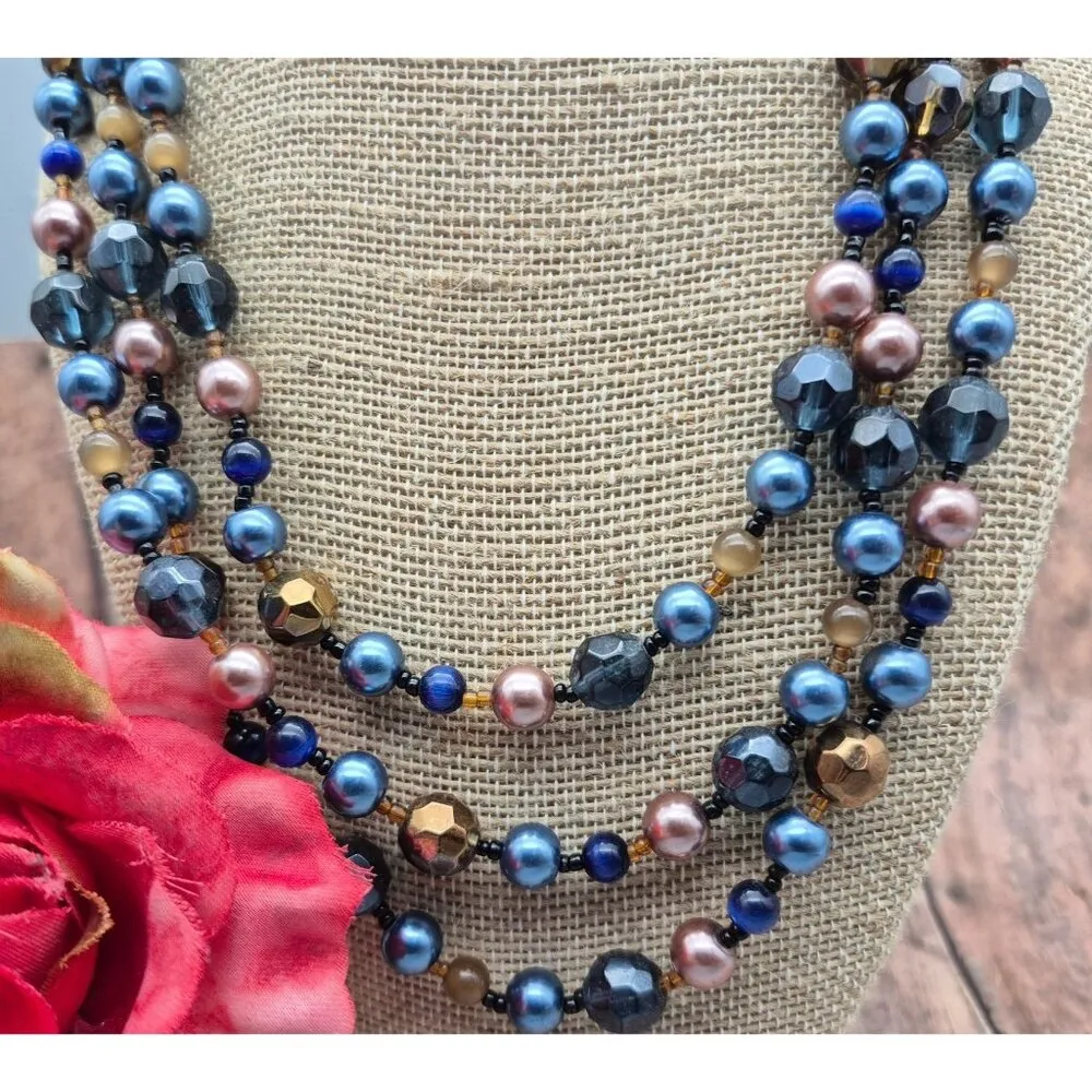 Pretty Esmor Multi Strand Glass Bead Necklace Jewel Tones Blue Gold 22" - Image 2