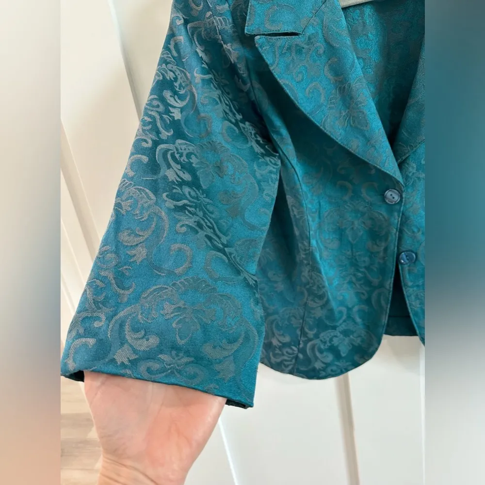 Paper Doll Womens Size 13 Double Button Blazer Teal Blue Baroque Jacquard Floral - Image 4
