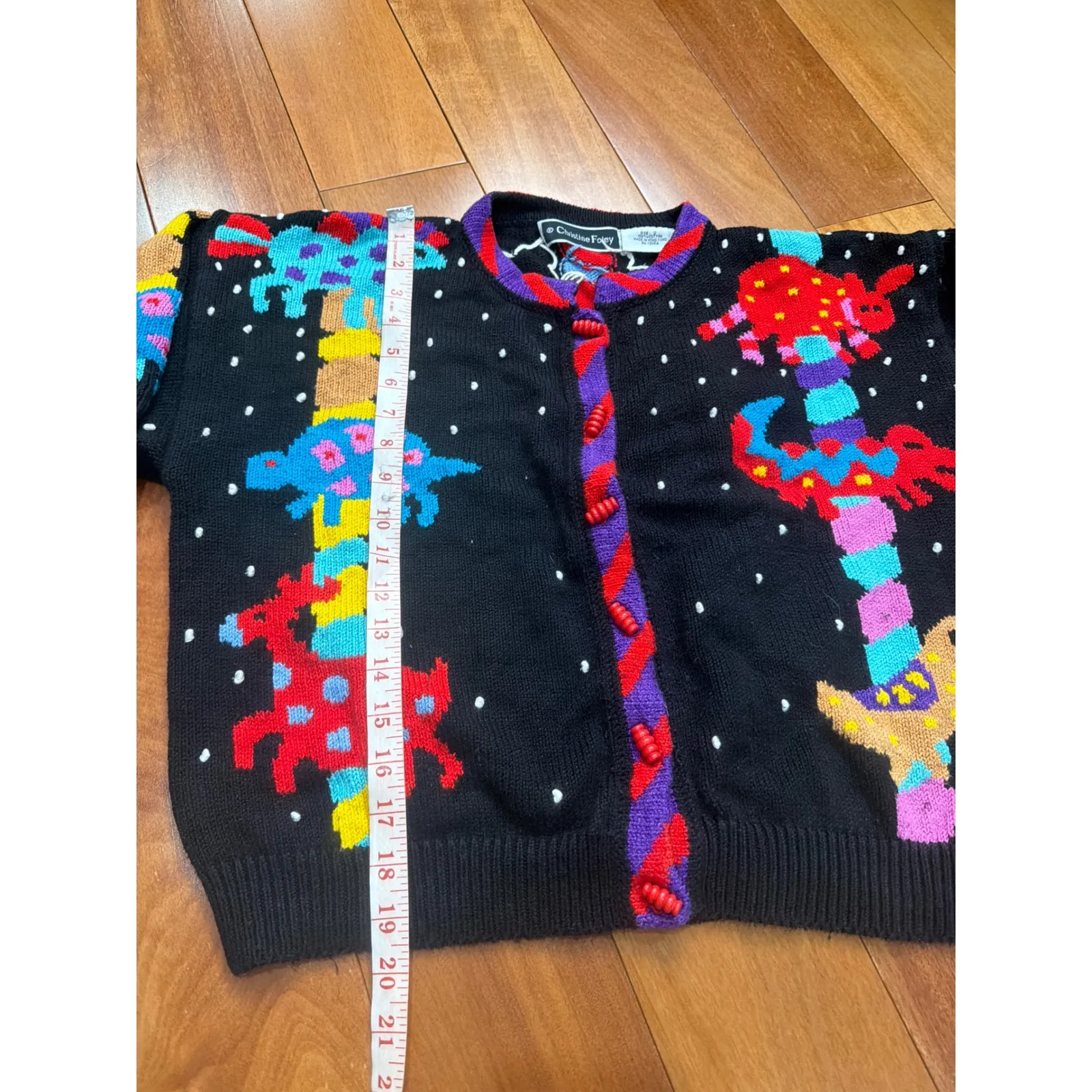 Christine Foley Vintage Black Novelty HandKnit Cardigan Sweater Animals Size 2 Size L - Image 5