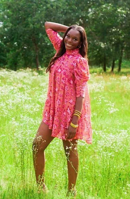 PRINTED PUFF SLEEVE RUFFLE NECK SMOCK DRESS - Image 3