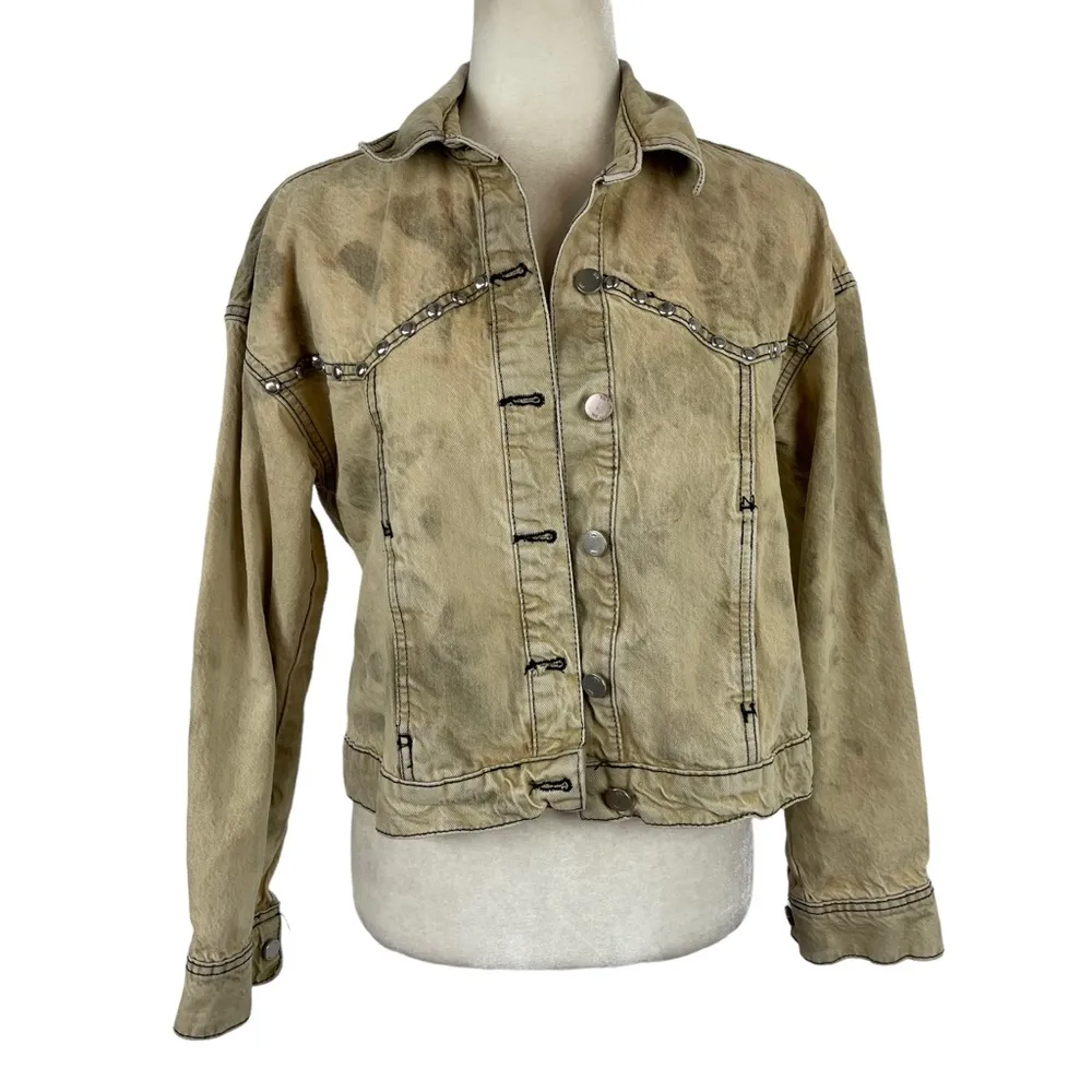 Zara Studded Z1975 Cropped Denim Jacket Tan Size XS Washed effect 100% Cotton - Image 2