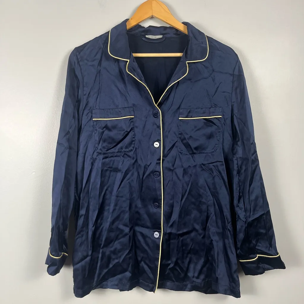 Lily Silk 100% Mulberry Silk navy button down pajama top size medium Blue - Image 2