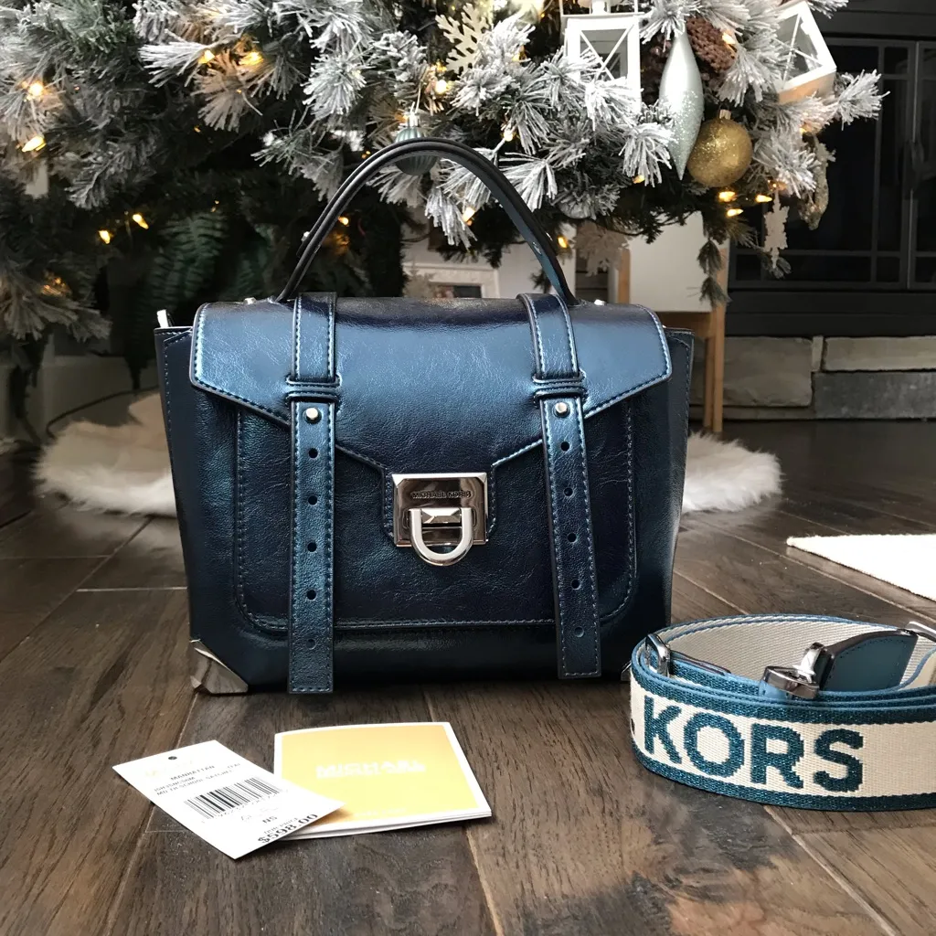 Michael Kors Manhattan Medium Top Handle School Satchel Bag, Metallic Leather Blue - Image 2