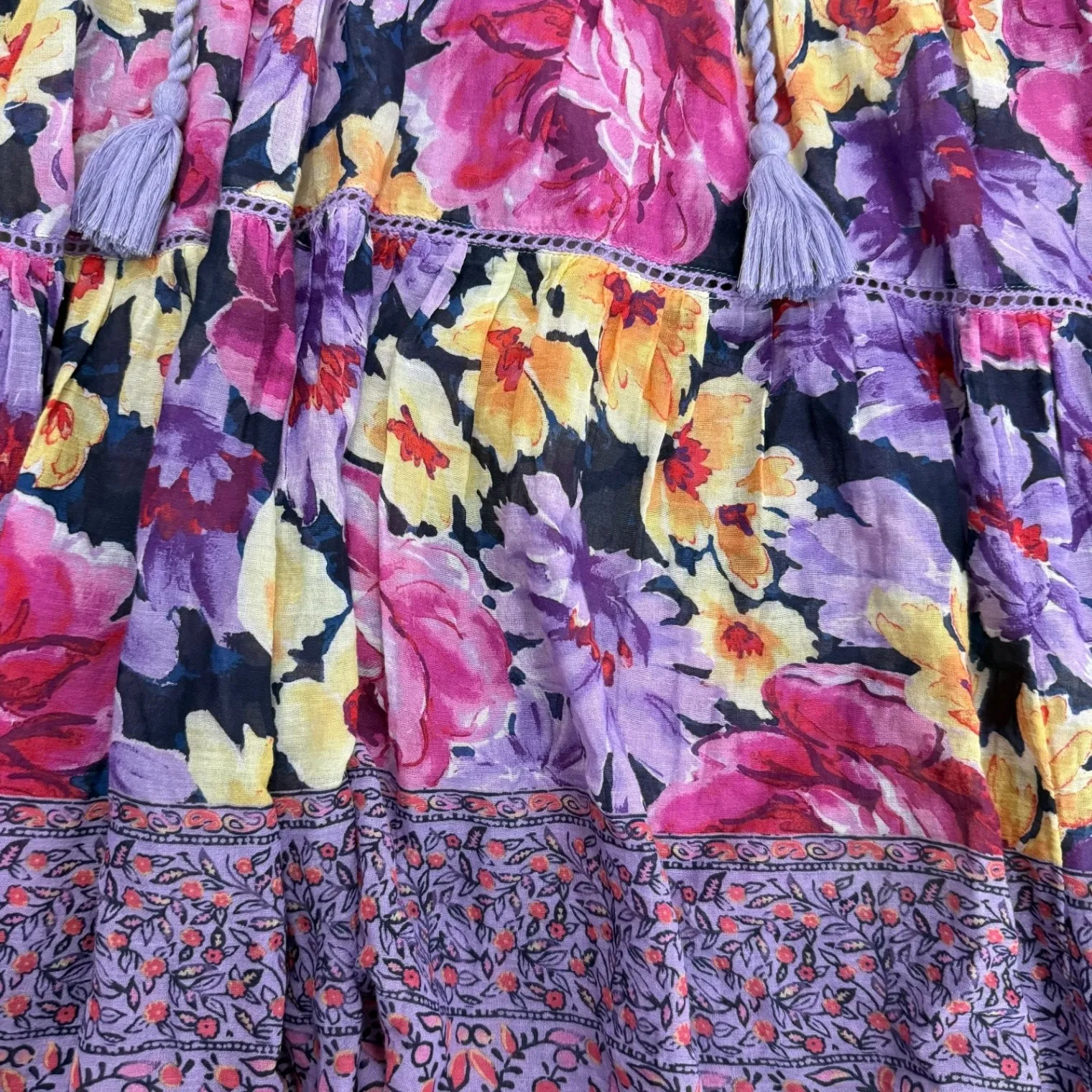 Sundance Fields of Beauty Tiered Floral Boho Peasant Dress Ruffle Purple Small - Image 5