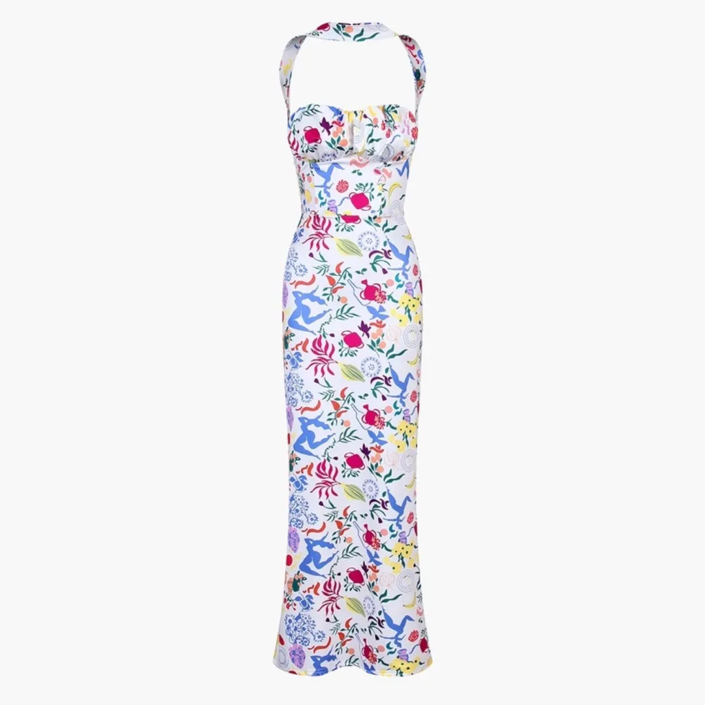 NWT Commense Tropical Floral Halter Neck Maxi Dress Stretchy White sz Small - Image 5
