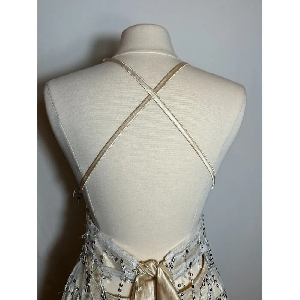 Fairy Cream Beaded Halter Mini Dress Size SMALL Silver - Image 5