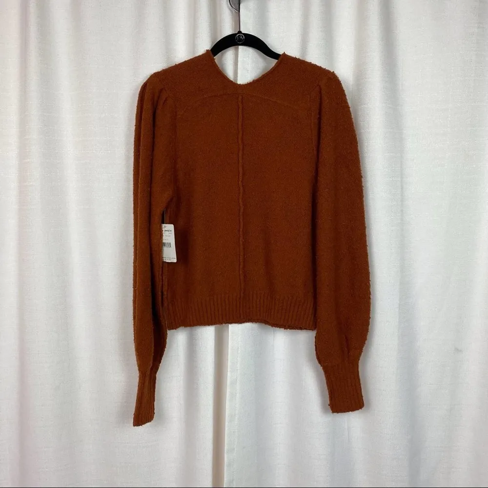 Free People Dark Orange Burnt Butter Reverie V Neck Blouson Sleeve Sweater NWT - Image 11