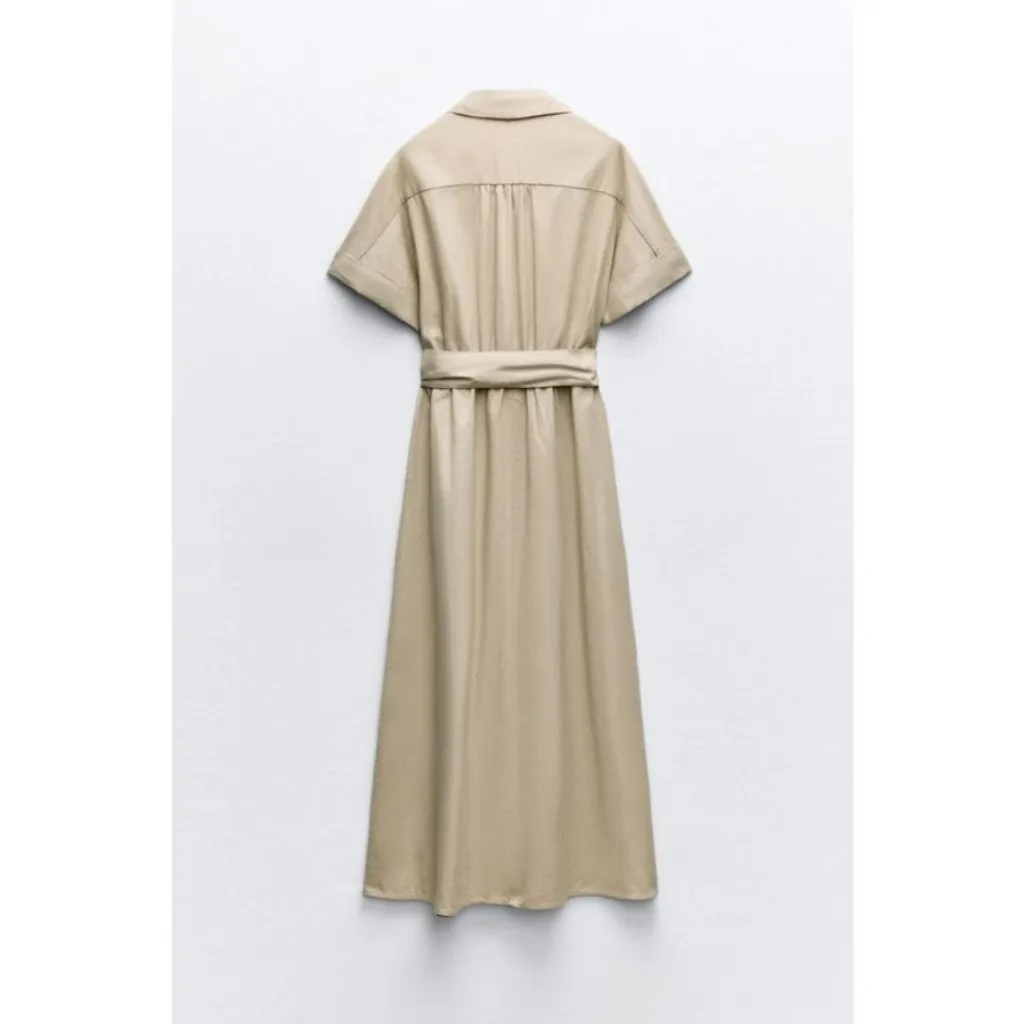💕ZARA💕 Linen Blend Midi Dress ~ ShirtDress Neutral Light Beige Large - Image 8