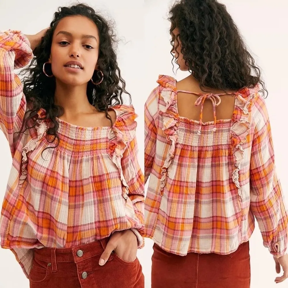 Free People • Siena Plaid Pullover top blouse orange pink smocked peasant - Image 15