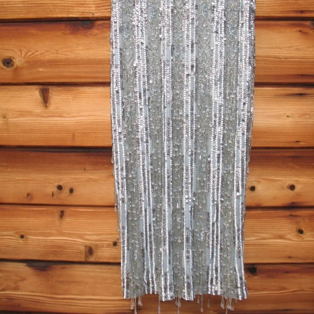 Mac Duggal 5980 Blue High Neck Short Sleeve Crystal Fringe Column Dress - Image 10