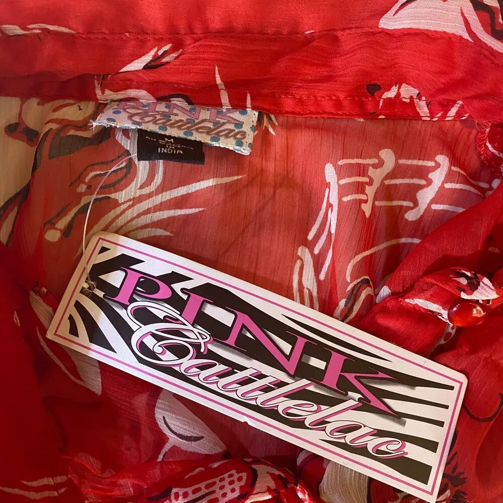 Pink Cattlelac Western Rodeo Bucking Horse Sleeveless Sheer Blouse NEW Medium Red - Image 7