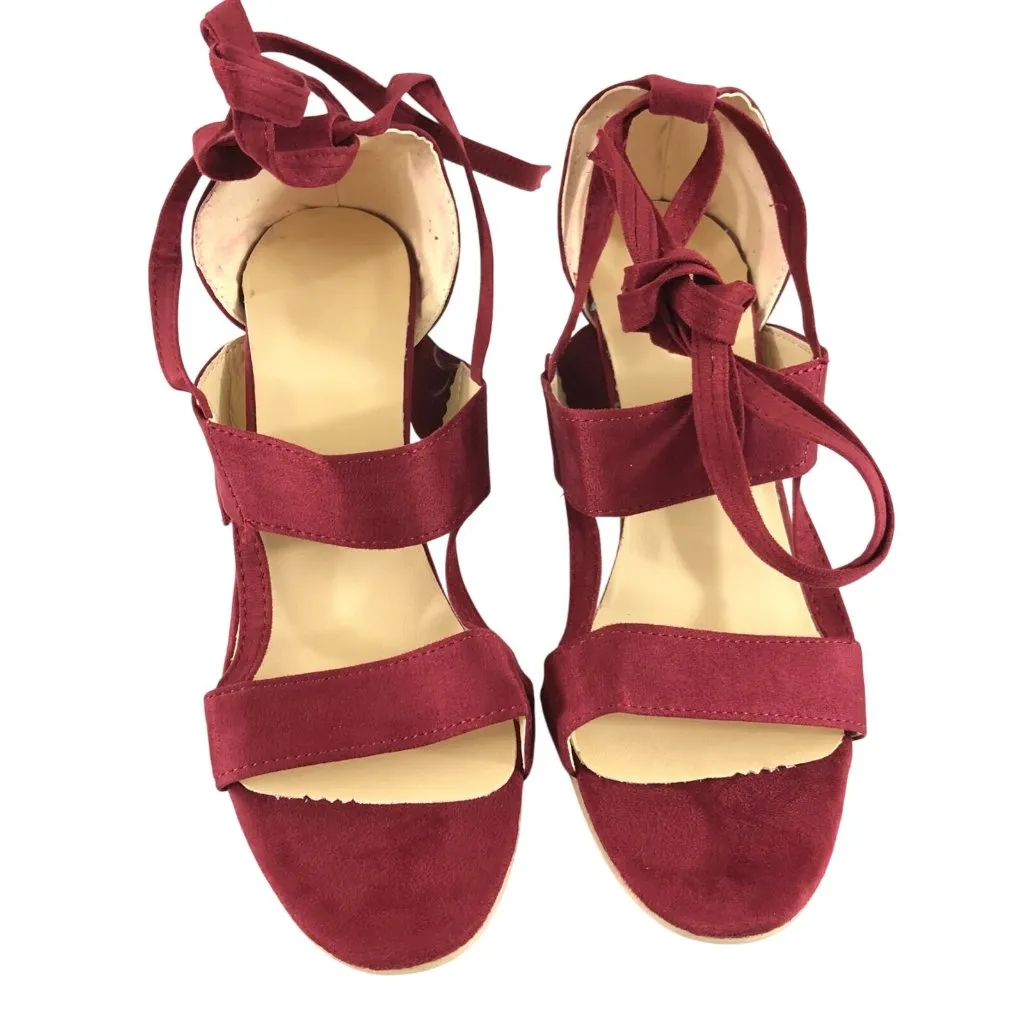 Womens Heels Strappy Lace Up Block Heel Open Toe Faux Suede Red Size 40 US 9 - Image 2