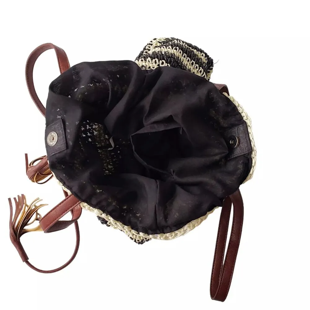 Nora Everyday Striped Drawstring 100% Paper Shoulder Bag Boho Beachy Summer Black - Image 11