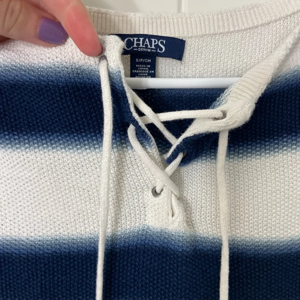 CHAPS women’s white navy‎ striped knit sleeveless lace neck top shirt small - Image 3