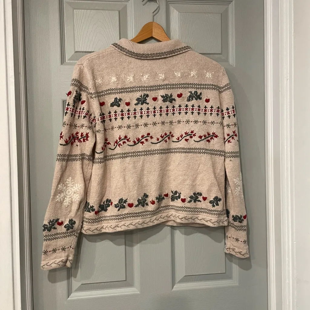 Northcrest Women's L Cream Cardigan Winter Holiday Ramie Blend Snowflake Red Size L - Image 5