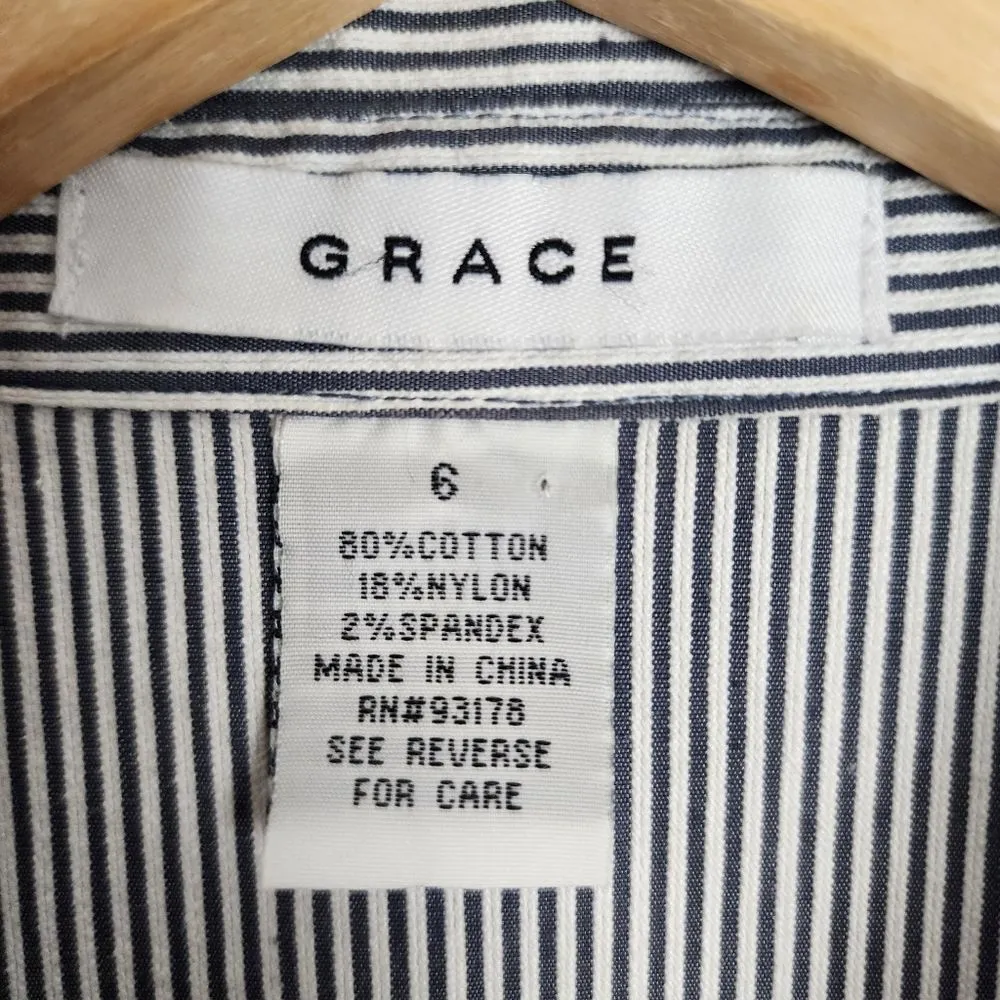 Grace Sleeveless Dress Blue Striped Midi Buttton Front Cotton Blend Tie Waist 6 - Image 2