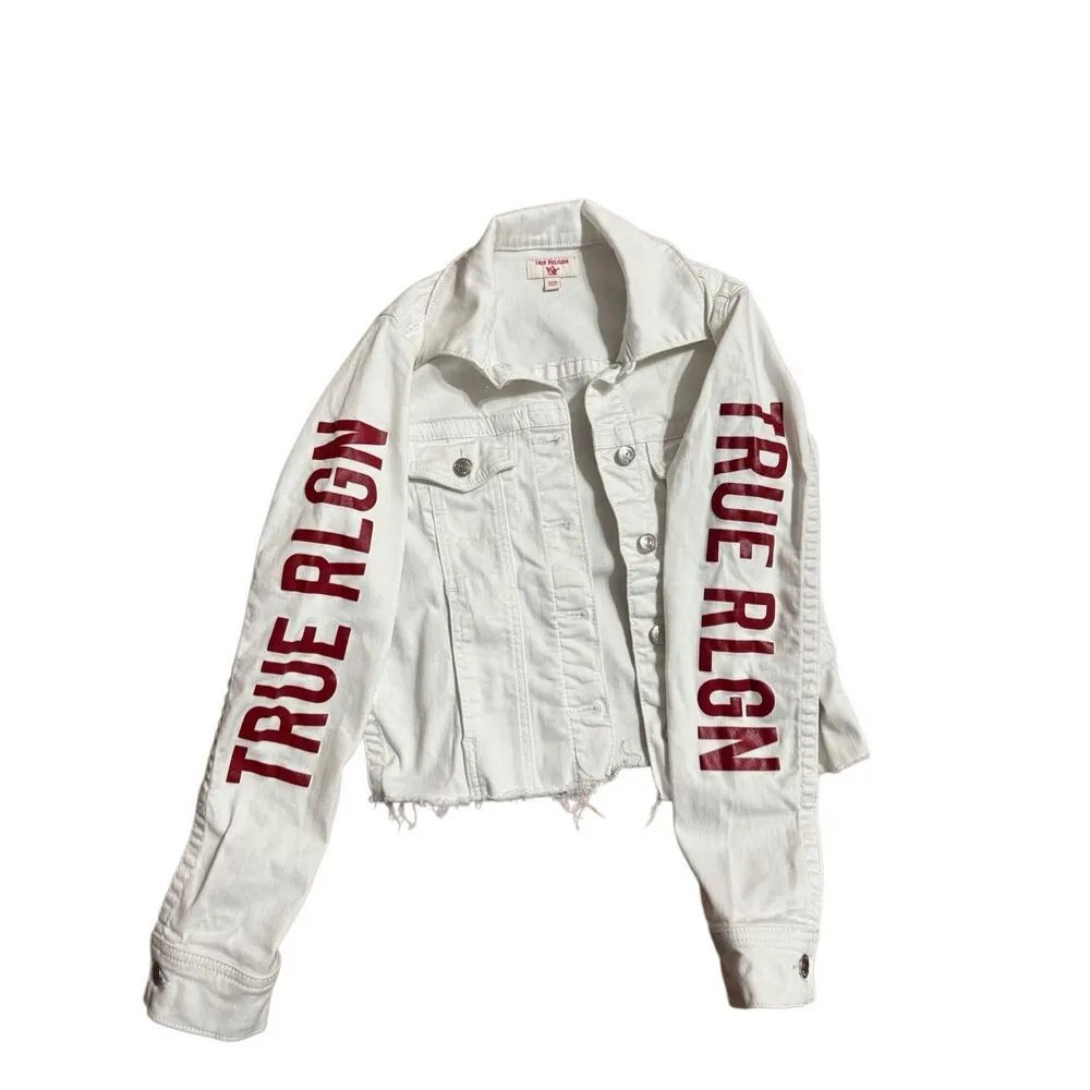 True Religion Fashion trucker with Red Logo on Sleeves Sz XS White Jean Jacket - Image 7