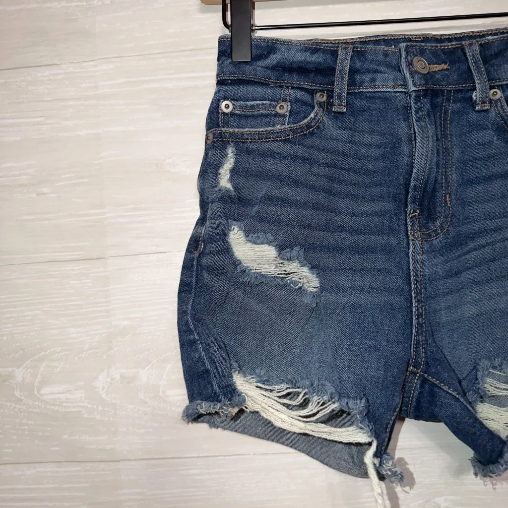 No Boundaries Distressed High Rise Denim Jean Shorts Blue Cutoff Frayed Hem - Image 3