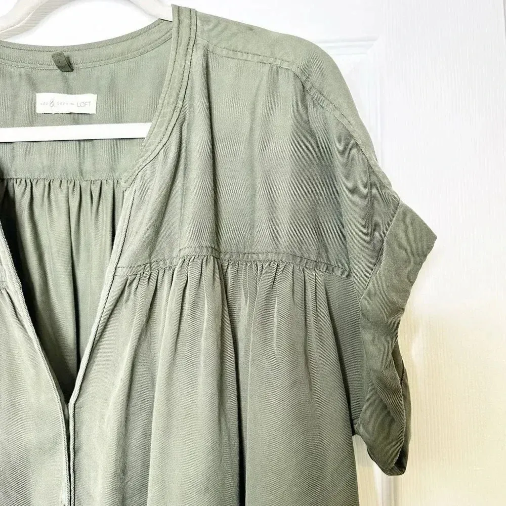 LOU &‎ GREY LOFT Lyocell Olive Green Fluid Twill Tie Front Top NO SIZE TAG READ - Image 3