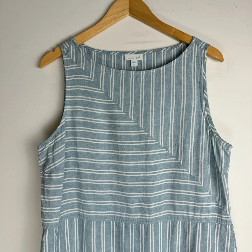 J. Jill Love Linen Midi Maxi Dress Sz Large Tall Blue White Stripe Slit Hem - Image 5