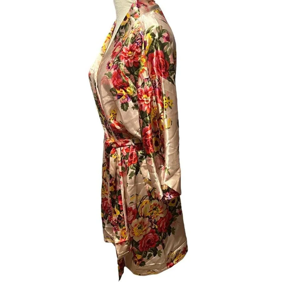 Satin Tie Belted Robe Apricot Pink Floral Bouquet Kimono Womens Medium - Image 3