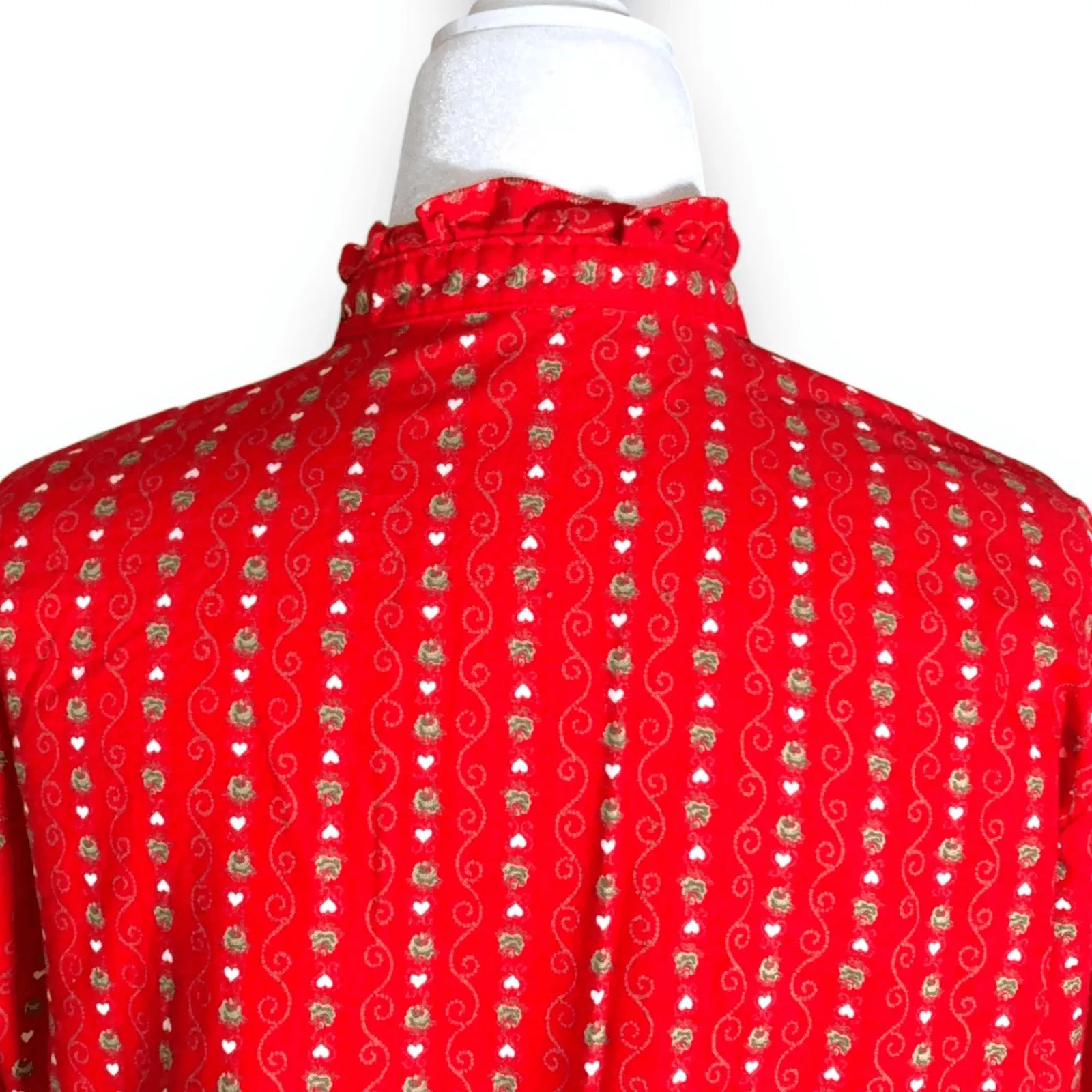 Vintage Red Heart Print Cotton Button Front Blouse German Folk Art Valentines Size L - Image 8