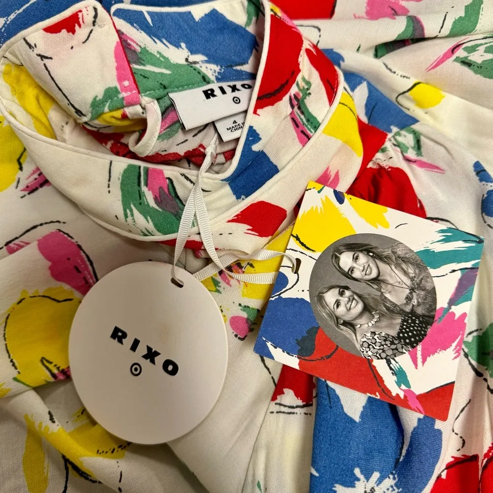 NEW RIXO Target Floral Mock Neck Cascade Ruffle Short Sleeve Midi Dress 4 NWT Blue - Image 11