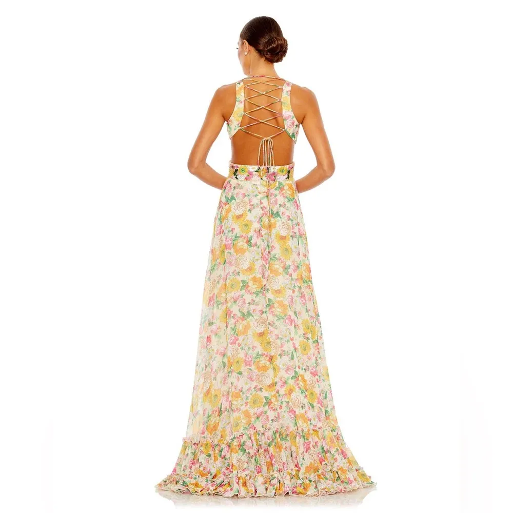 MAC DUGGAL Nude Multi Floral Print Cut Out Lace Tiered Gown - Image 4