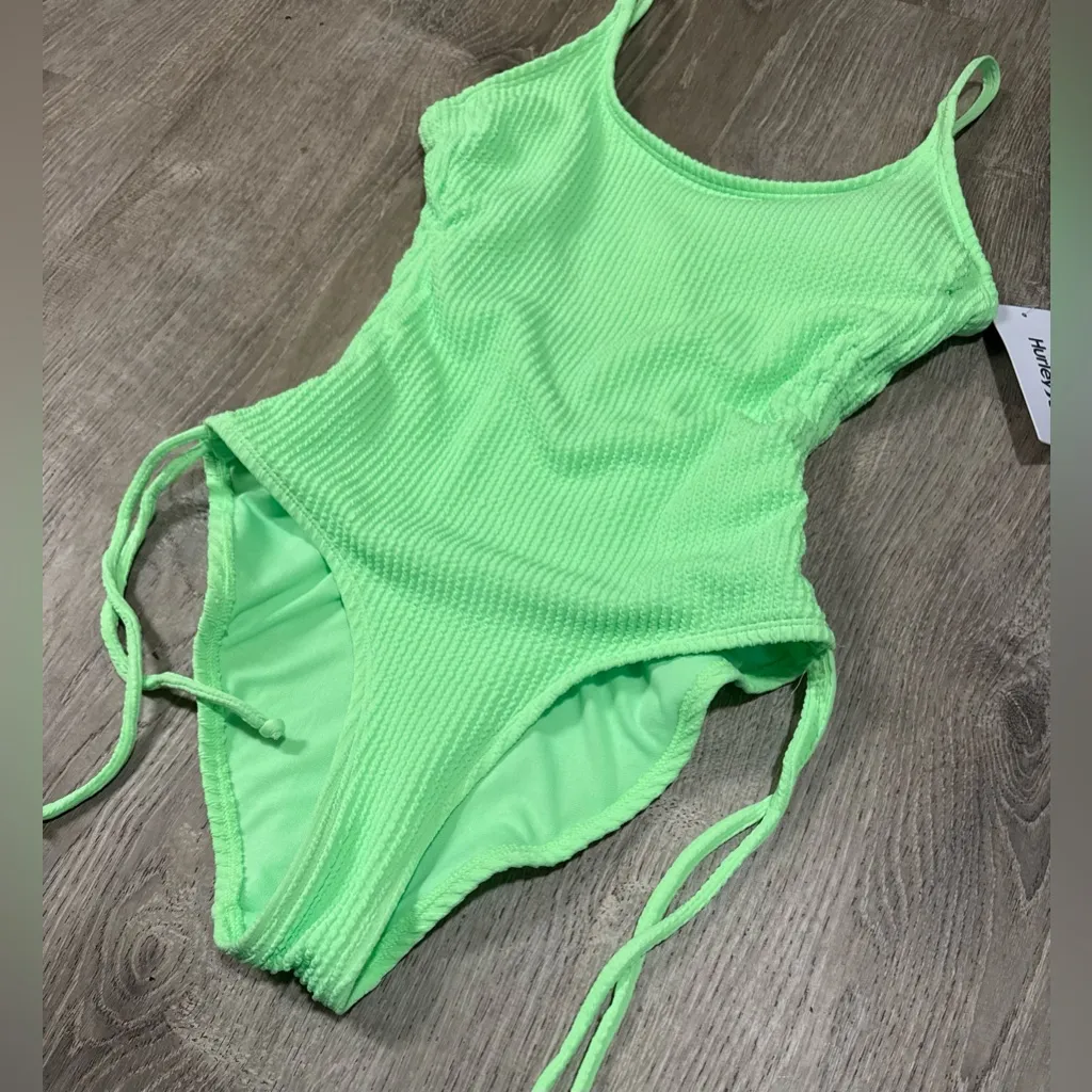 Hurley Neon Green Ribbed One-Piece Swimsuit Cheeky Fit Side Ties | Medium | NWT - Image 4
