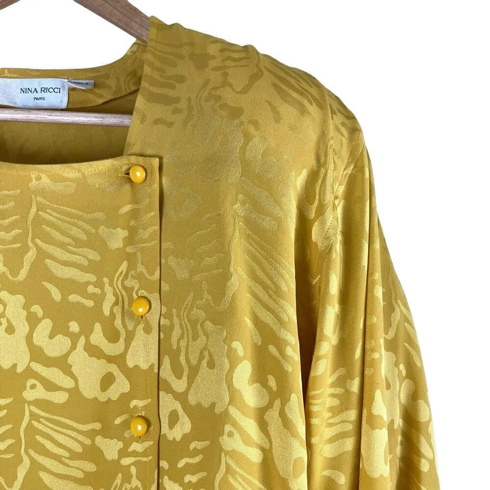 Vintage Nina Ricci 100% Silk Jacquard Long‎ Sleeve Blouse in Yellow, Size 8 Yellow - Image 5