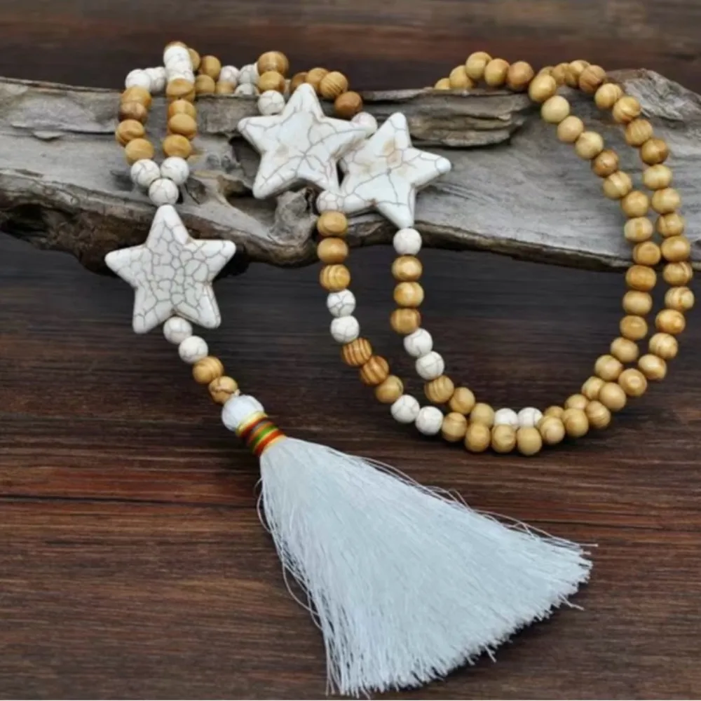 Boho Pine Tree Beaded Tassel Stars Sweater Necklace Ladies Simple Fringe Accesor Tan - Image 6
