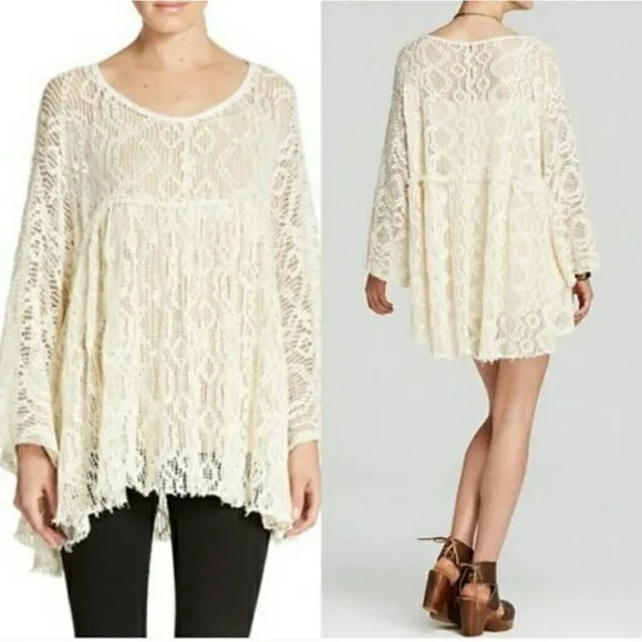 Free People Dress Women Small Crochet Lace Boho Oversize Tunic Cottagecore Fairy - Image 2