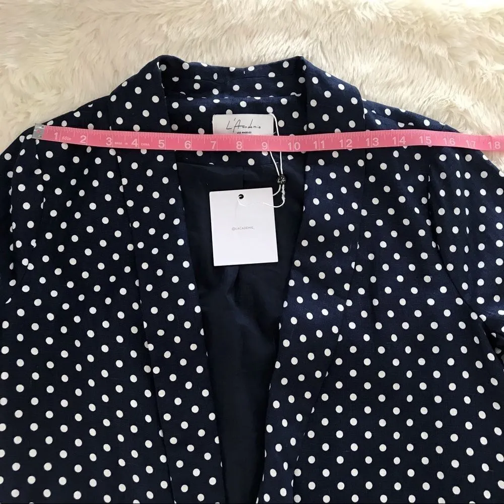 L’ACADEMIE Carter Linen Blazer Open Front Navy Blue White Polka‎ Dot Medium New - Image 12