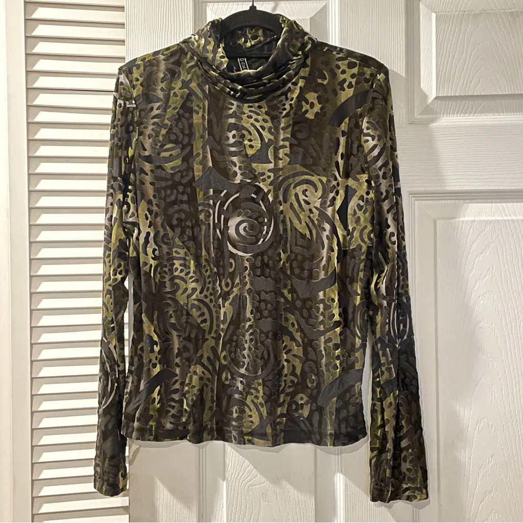 Sno Skins Velvet Burnout Abstract Turtleneck Top Women’s Large Made in USA Green - Image 2