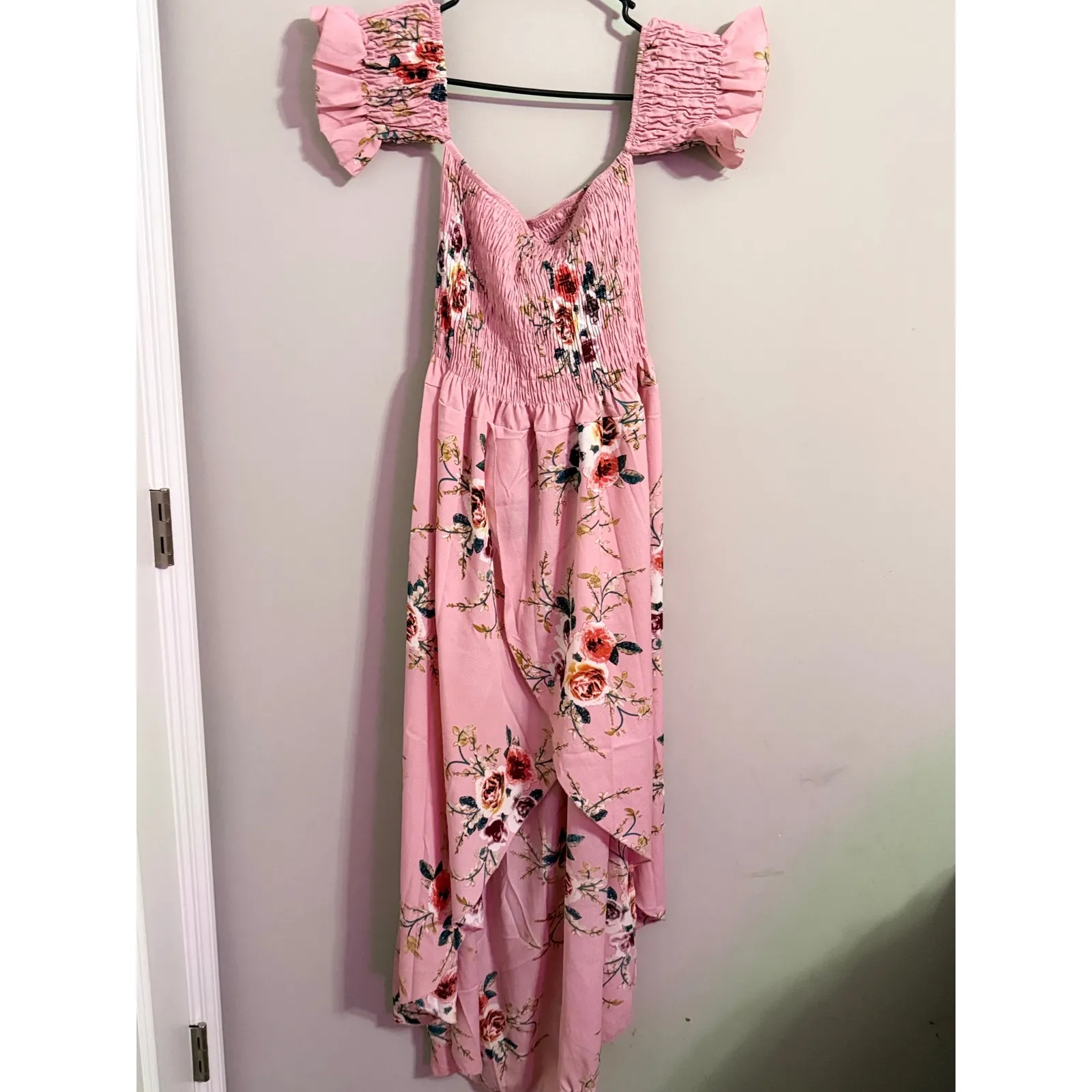 Pink Floral Smocked Off Shoulder Maxi Dress Ruffle Sleeve Bohemian Vacation Size 4X - Image 6