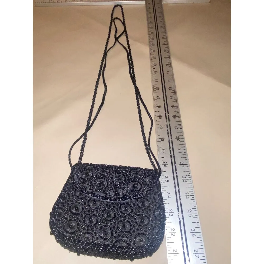 Beaded Sasha Evening Bag With Intricate Design & Long Strap Black - Image 5