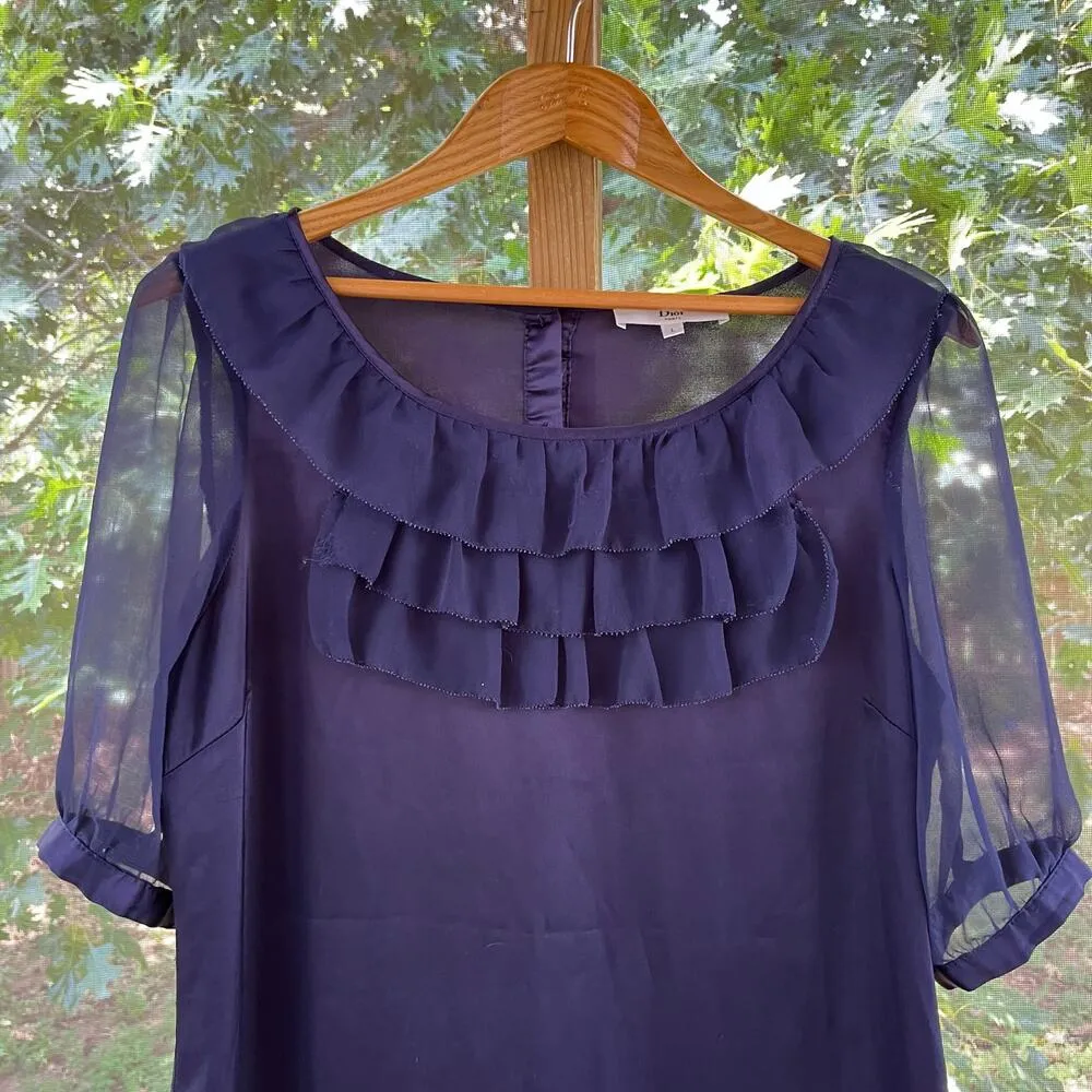 Dior Women's Navy/Purple 100% Silk Ruffled Mini Dress Size L - Image 3