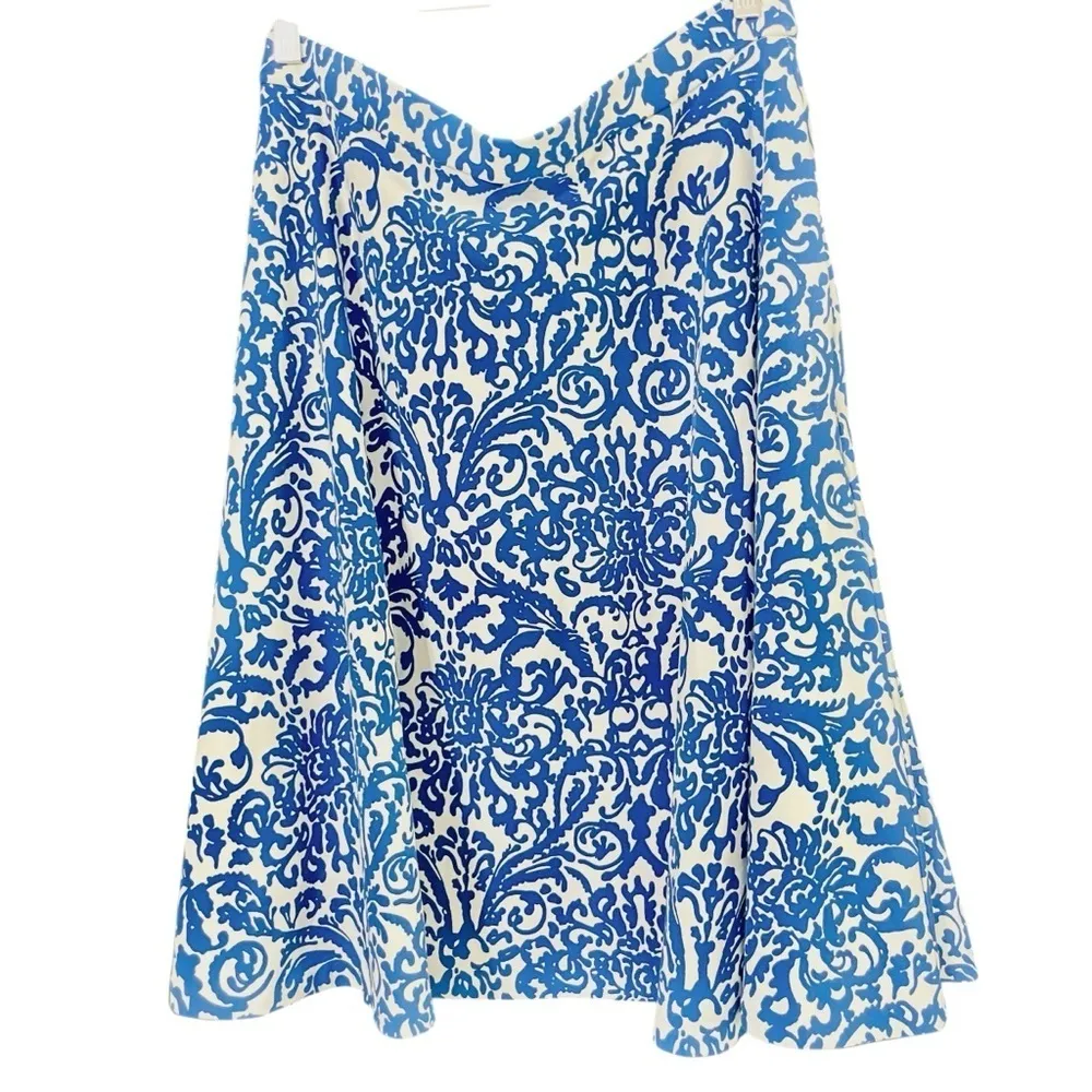 Adrienne Vittadini Blue White Floral Midi Skirt A-Line Stretchy Elastic Waist L - Image 5