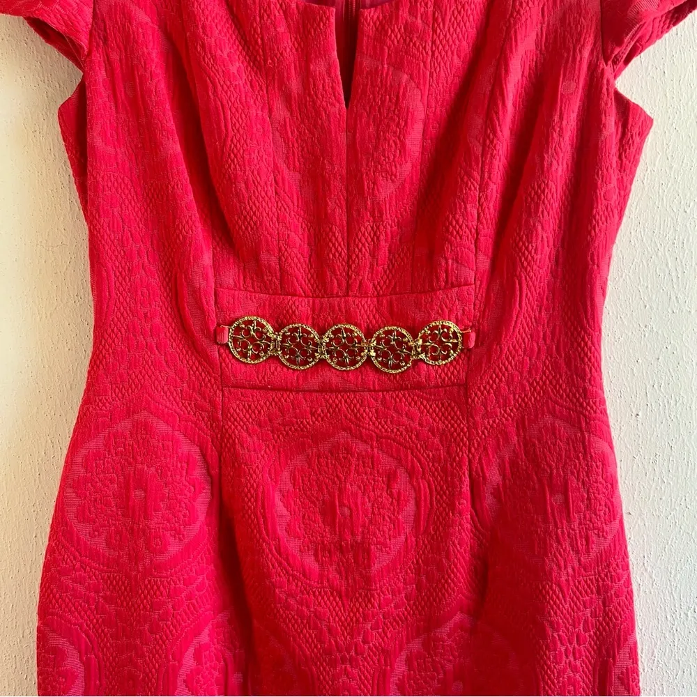 Kay Unger Dress Poppy Red Jacquard Cap Sleeve w/ Gold Chain Belt Accent Sz 4 EUC - Image 5