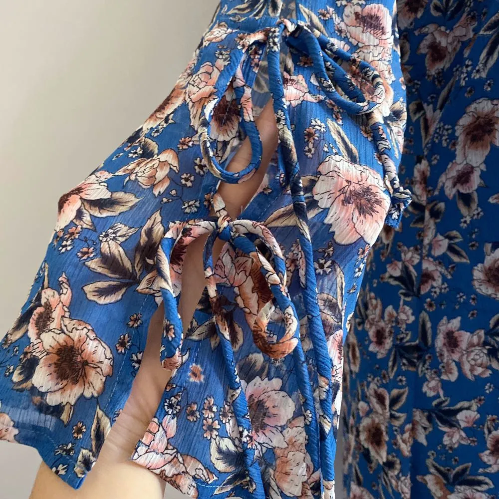 Ruffle High Collar Floral Tie Flared Sleeves Shift Dress Blue - Image 3