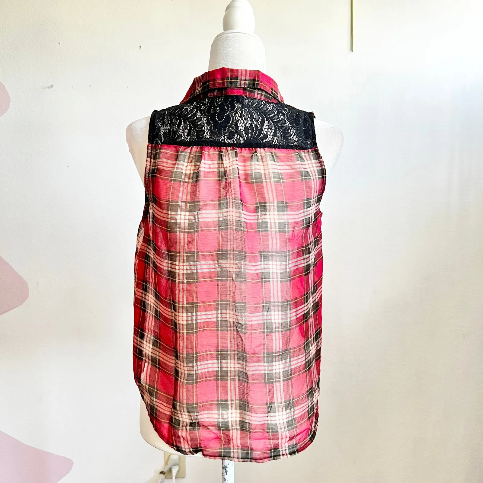 Wet Seal Plaid Top Sheer Punk Y2K 2000s Grunge Retro Whimsigoth Vampire Medium - Image 2