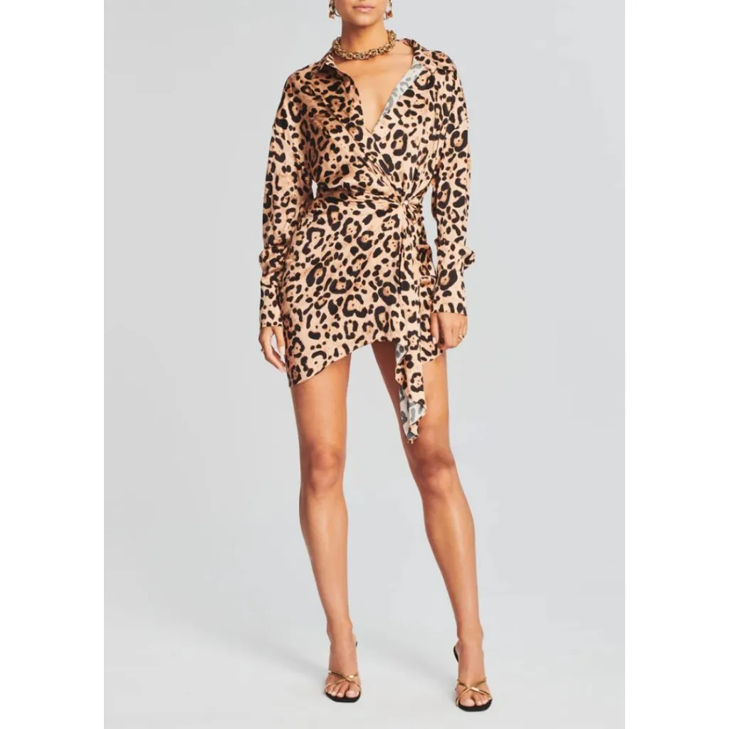 NEW SER.O.YA Demi Silk Leopard Shirt Dress Long Sleeve Wrap Small $495 Black - Image 4