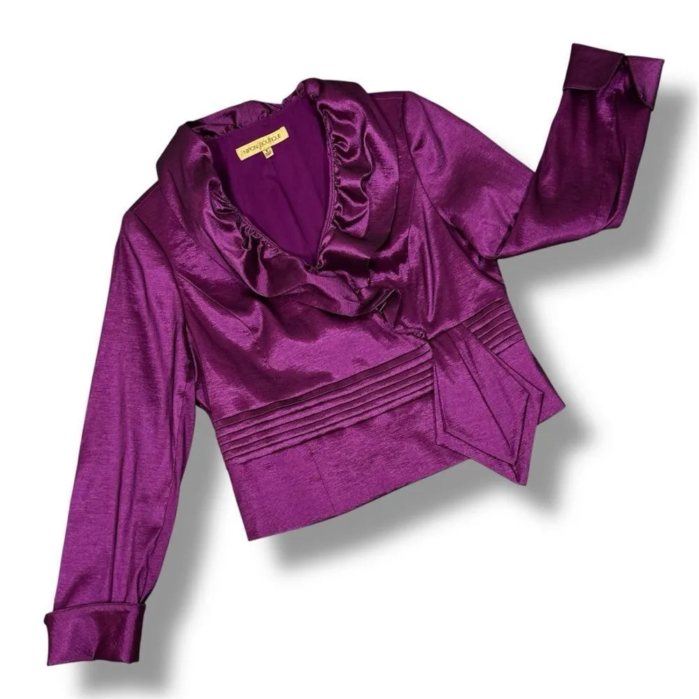 Nipon Boutique Ruffle Shawl Collar Pleat Sash Evening Top Taffeta‎ Pink Purple 8 - Image 13