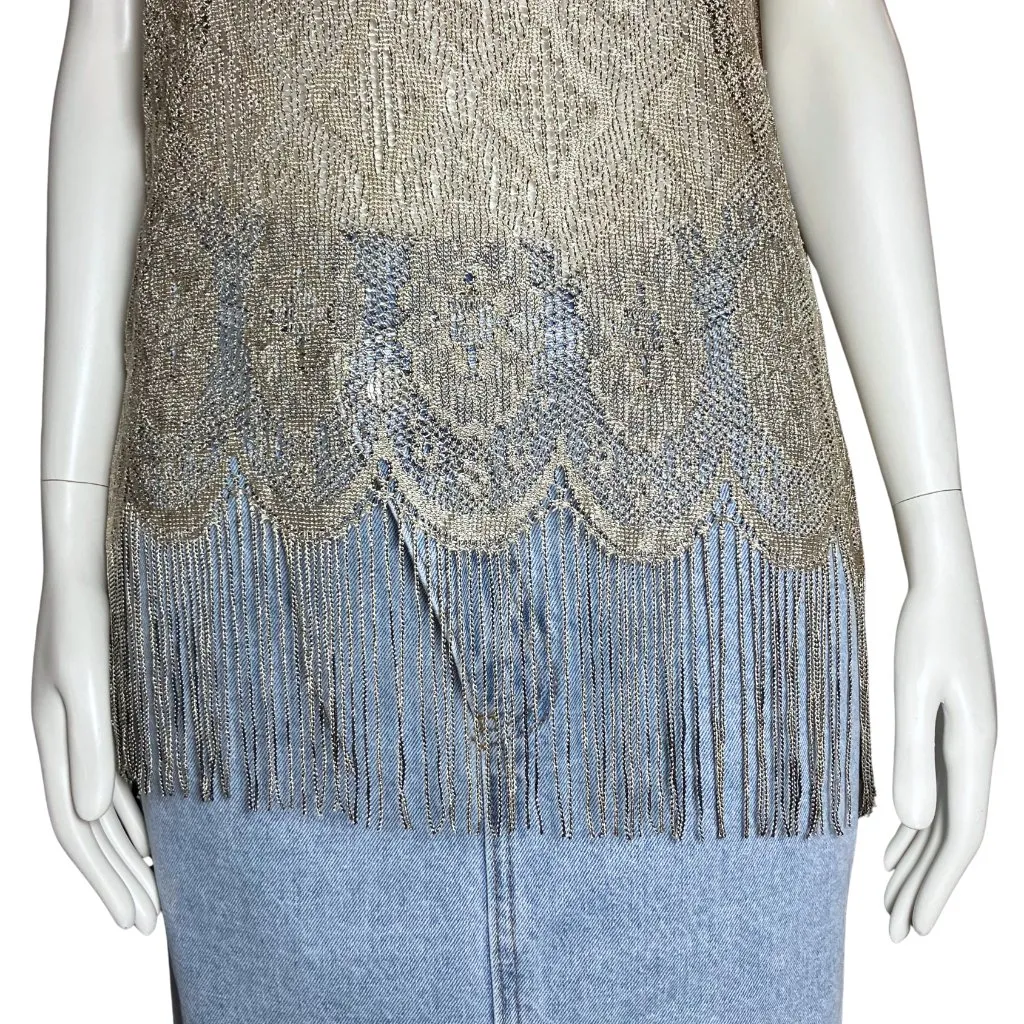 Vintage 80s 90s Beige Sheer Lace Retro Festival Top Small Boho Fringe Flapper Tan - Image 8