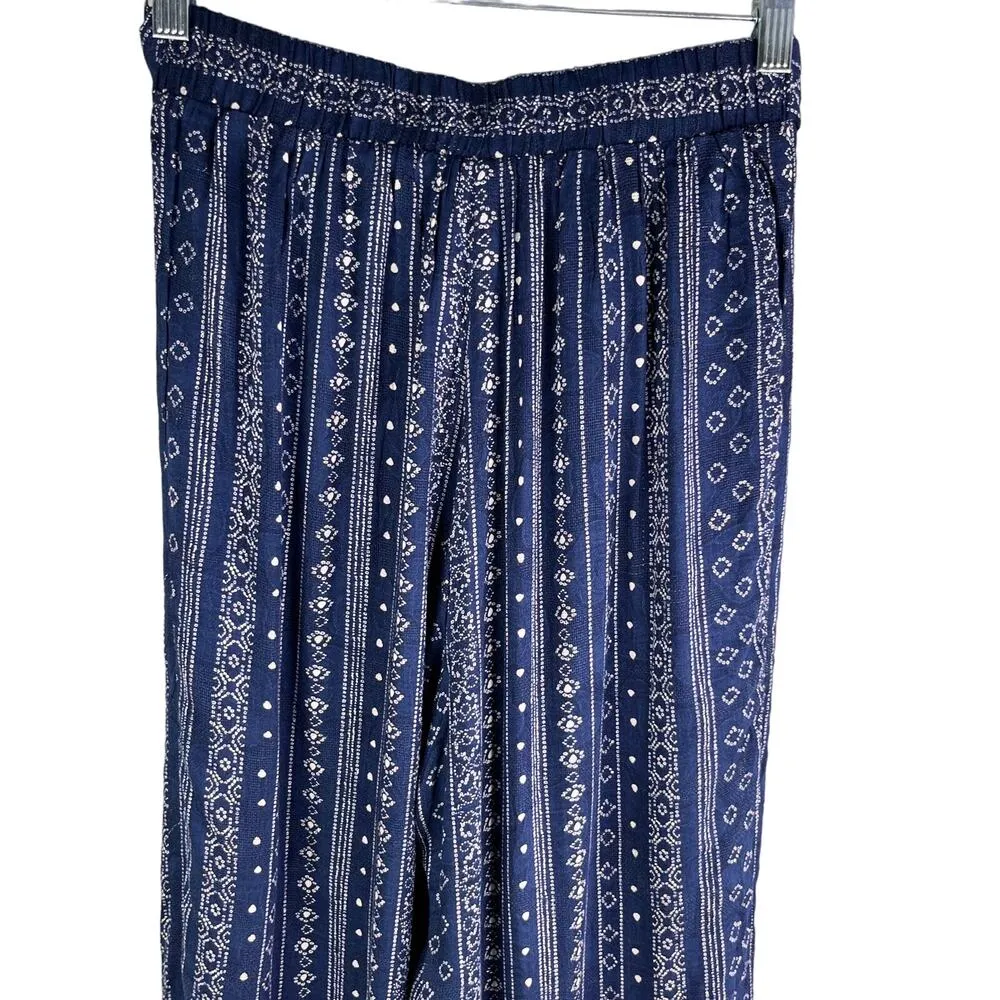 Sadie & Sage Pants Wide Leg Pants Navy Cream Small Lined Belted Boho New Blue - Image 5
