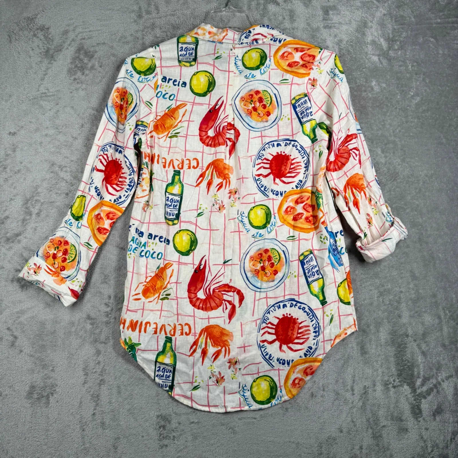 Calypso St. Barth Button Down Shirt Womens Small White Linen Blend Lobster Print - Image 3