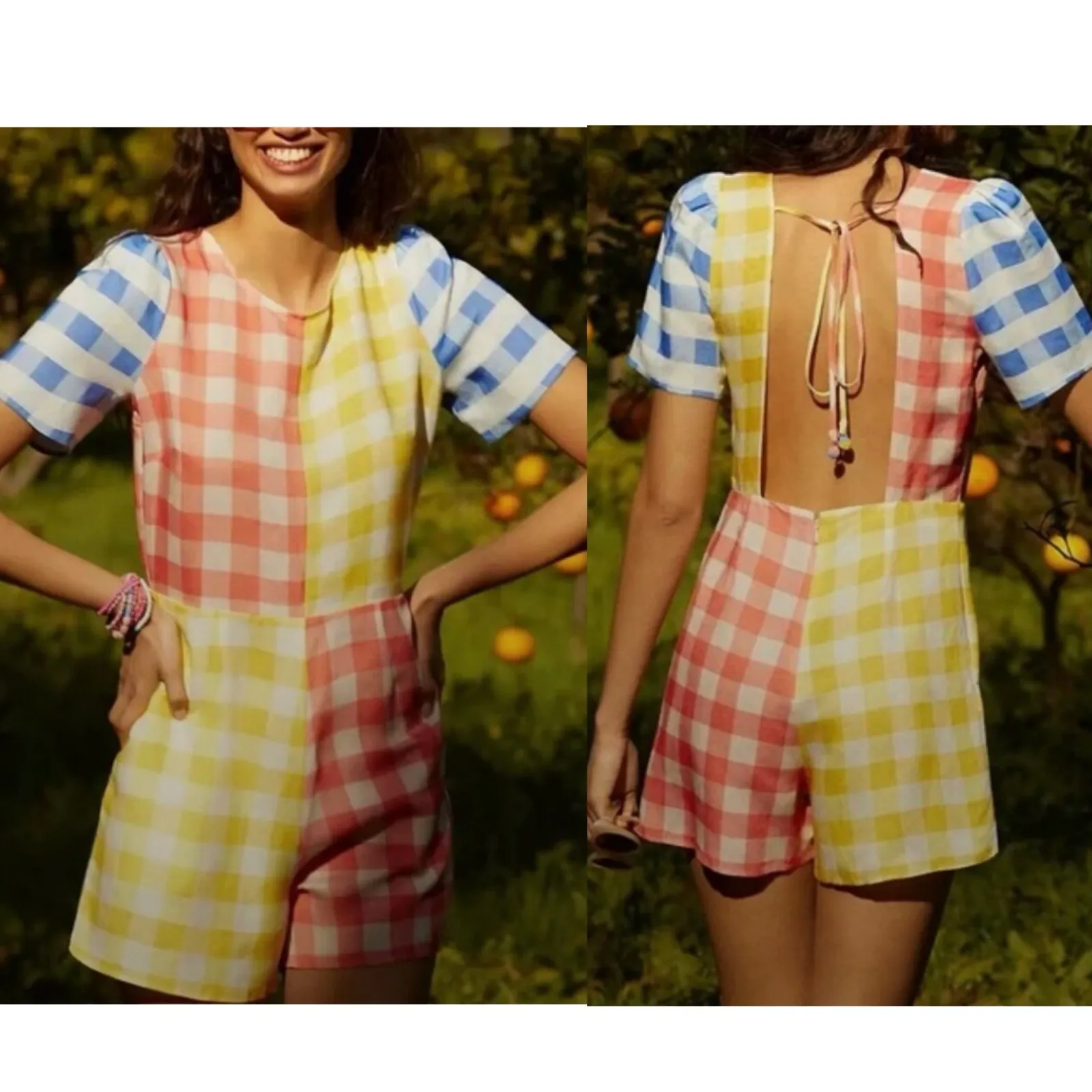 Farm Rio Anthropologie Gingham Contrast Romper - Image 2