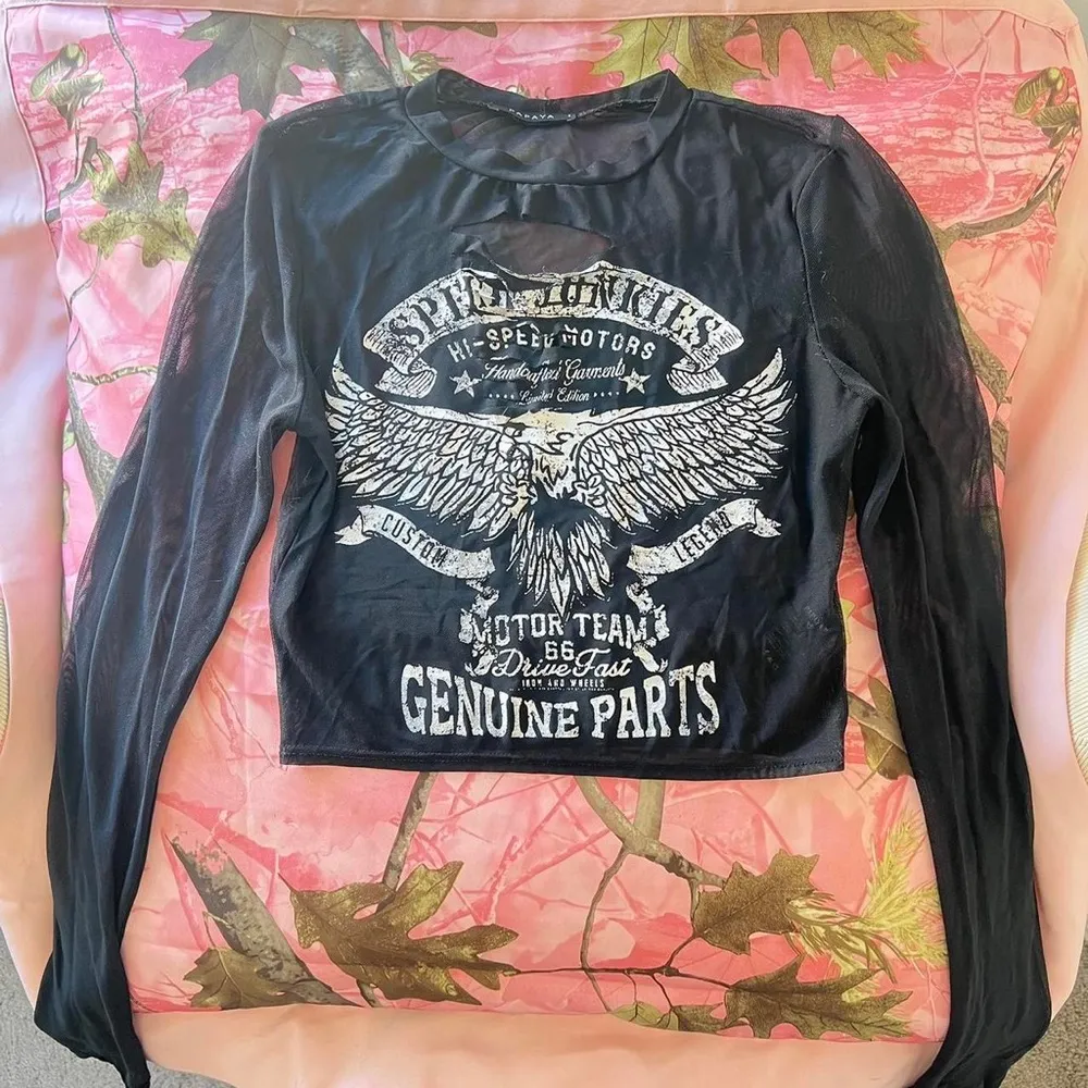 black mesh rock n roll grunge graphic cut out long sleeve crop top - Image 3