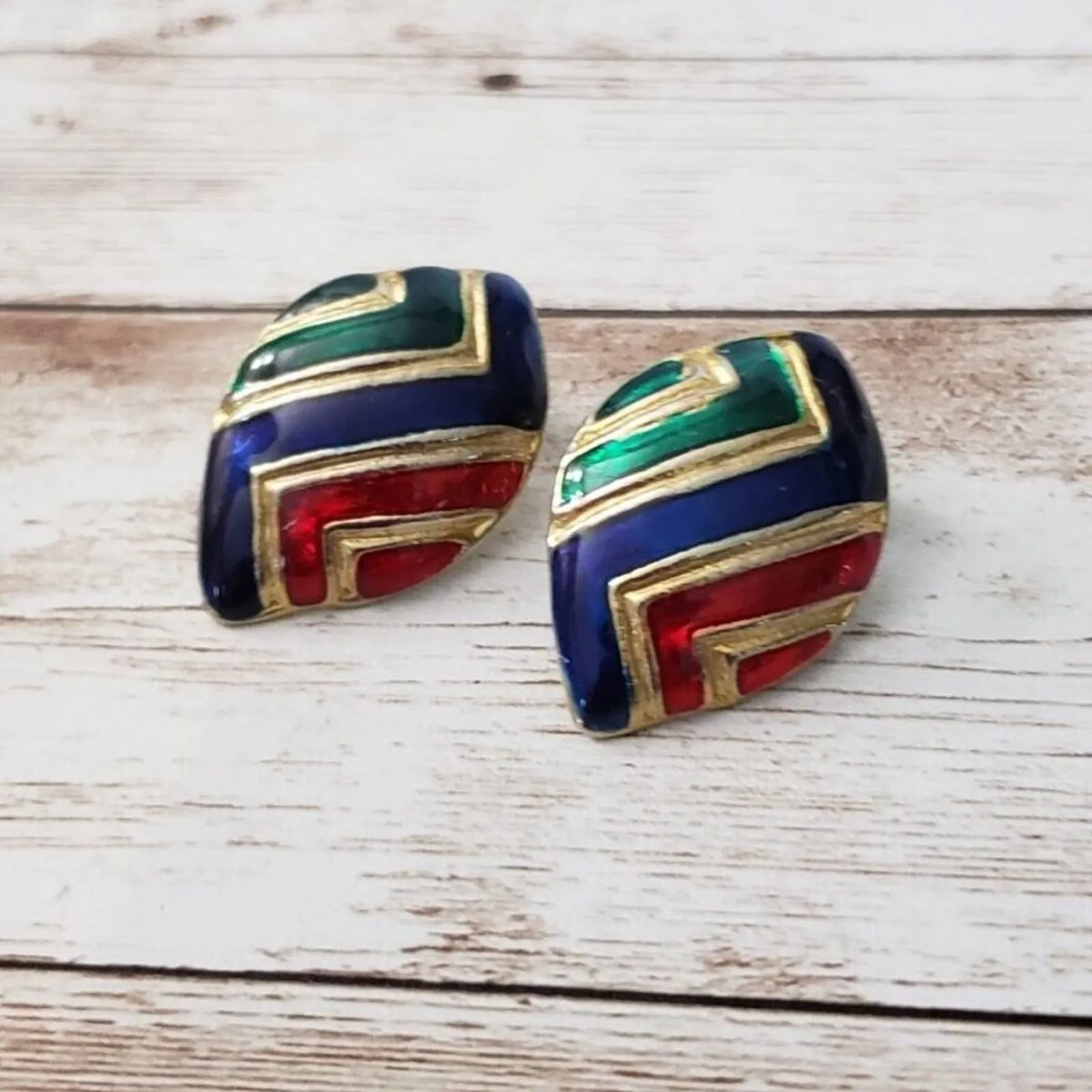 Vintage Clip On Earrings Gold Tone, Blue, Red Zig Zag Statement - Image 2